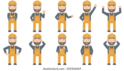 Caucasian young builder standing with arms crossed. Confident builder in hard hat. Builder in overalls standing with folded arms. Set of vector flat design illustrations isolated on white background.