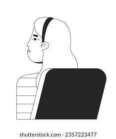 Caucasian young female student sitting in chair behind flat line black white vector character. Editable outline half body person. Learning simple cartoon isolated spot illustration for web design