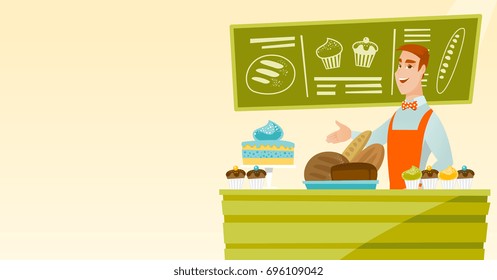 Caucasian young happy bakery owner offering pastry. Smiling bakery owner standing behind the counter with pastry. Cheerful man working at the bakery. Vector flat design illustration. Horizontal layout