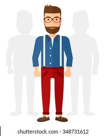 A caucasian young hipster man with the beard standing with two shadows behind him vector flat design illustration isolated on white background. Vertical layout.