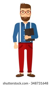 A caucasian young hipster man with the beard standing with tablet computer in hand vector flat design illustration isolated on white background. Vertical layout.