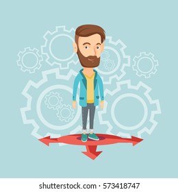 Caucasian young hipster man with the beard standing on three alternative career ways. Smiling man choosing career way. Concept of career choices. Vector flat design illustration. Square layout.