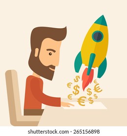 Um jovem caucasiano de barba sentado com os símbolos EURO e DÓLAR à sua frente, é um símbolo de começar um novo projeto. Lançar um novo conceito de produto inovador. Um estilo contemporâneo 