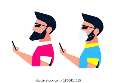 Caucasian Young Man Character with Smartphone and Wearing Face Mask. Set of Two Characters. Flat Style Vector illustration Isolated on White Background