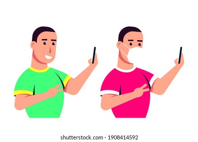 Caucasian Young Man Character with Smartphone and Wearing Face Mask. Set of Two Characters. Flat Style Vector illustration Isolated on White Background