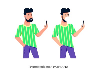 Caucasian Young Man Character with Smartphone and Wearing Face Mask. Set of Two Characters. Flat Style Vector illustration Isolated on White Background