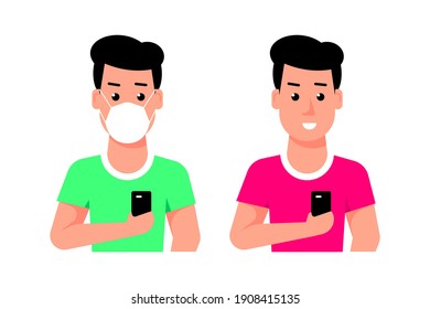 Personaje caucásico de joven con Smartphone y con máscara facial. Conjunto de dos caracteres. Ilustración vectorial de estilo plano aislada en fondo blanco