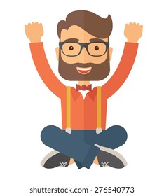 A Caucasian young man is happy raising his two hands. Successful concept. A contemporary style. Vector flat design illustration with isolated white background. Square layout.   