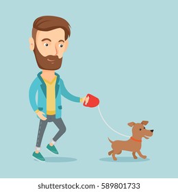 Caucasian young man with his dog. Hipster man with beard walking with his small dog. Happy man taking dog on walk. Smiling man walking a dog on leash. Vector flat design illustration. Square layout.