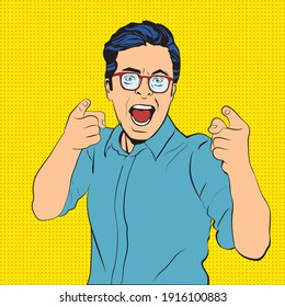 Caucasian young man pointing at you choosing. It is your chance. Pop art cartoon.