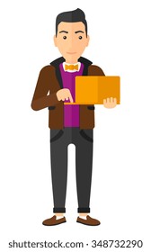 A caucasian young man standing with laptop in the hands vector flat design illustration isolated on white background. Vertical layout.