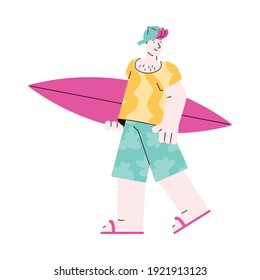 Caucasian young man surfer cartoon character standing with surfboard, sketch vector illustration isolated on white background. Summer beach activity and sport recreation.