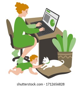 Caucasian young mom working from home. A Millennial Generation woman working on a laptop, with a baby crawling on the floor playing with a small puppy.