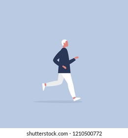 Caucasian young running man wearing a hoodie. Lifestyle. Flat editable vector illustration, clip art