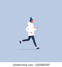 Caucasian young running woman wearing leggins and hoodie. Lifestyle. Flat editable vector illustration, clip art