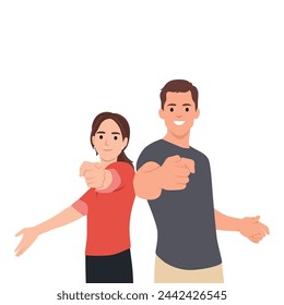 Caucasian young spouses couple pointing at camera, choosing you for new opportunities. Flat vector illustration isolated on white background