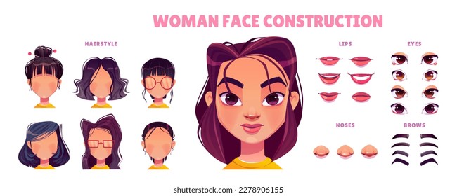 Joven caucásica enfrentando construcciones aisladas de fondo blanco. Ilustración vectorial de elementos de diseño de retratos femeninos jóvenes para avatar de juego. Estilos de pelo, labios, ojos, narices, cejas, colección