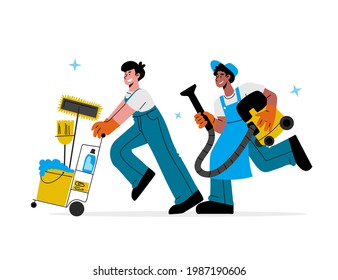 Caucasian,african-american male janitors in rubber glove with a vacuum cleaner, pushing trolley cart with cleaning supplies and uniform run to clean up house and office room.Vector flat illustration.