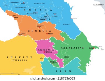 The Caucasus, Caucasia, colored political map. Region between the Black Sea and the Caspian Sea, mainly occupied by Armenia, Azerbaijan, Georgia, and parts of Southern Russia. Map with disputed areas. svg