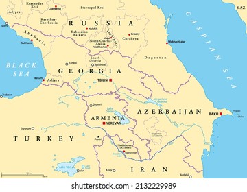 The Caucasus, or Caucasia, political map. A region between the Black Sea and the Caspian Sea, mainly occupied by Armenia, Azerbaijan, Georgia, and parts of Southern Russia, with disputed areas. Vector