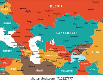Caucasus and Central Asia Map - Detailed Vector Illustration