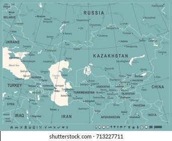 Caucasus and Central Asia Map - Vintage Detailed Vector Illustration