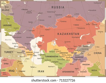 Caucasus and Central Asia Map - Vintage Detailed Vector Illustration