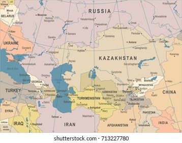 Caucasus and Central Asia Map - Vintage Detailed Vector Illustration