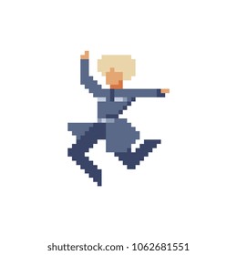 Caucasus dancer character pixel art style caucasian man Georgian folk dance in traditional clothes and a hat isolated vector illustration. 8-bit sprite. Design stickers, logo, mobile app.