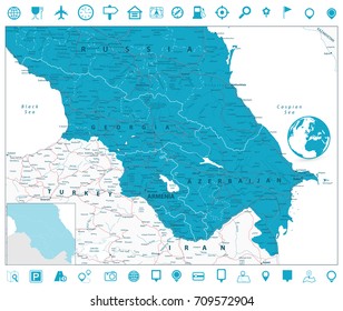Caucasus Map and Navigation Icons. Detailed vector map of the Caucasus.