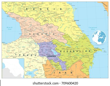 Caucasus Political Map. Detailed vector map of the Caucasus.