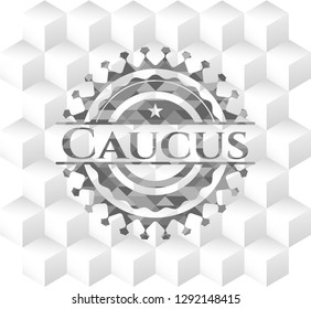 Caucus grey badge with geometric cube white background
