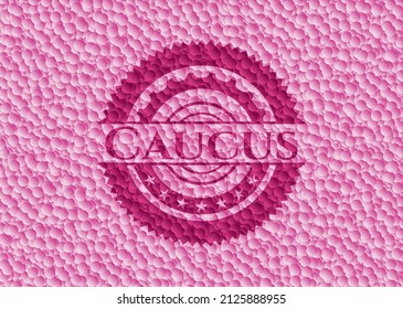 Caucus retro style pink emblem with bubbles background. Vector Illustration. Detailed. 