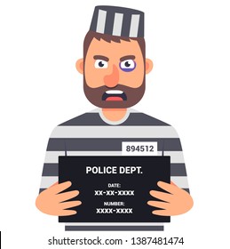 the caught criminal is holding a sign with the name for an identification photo. character vector illustration.