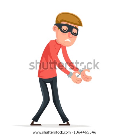 Caught handcuffs burglar robber thief scared guy character isolated icon cartoon design vector illustration

