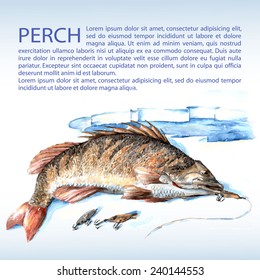 Caught perch lays on the ice near the hole. Watercolor. Vector. Space for text.