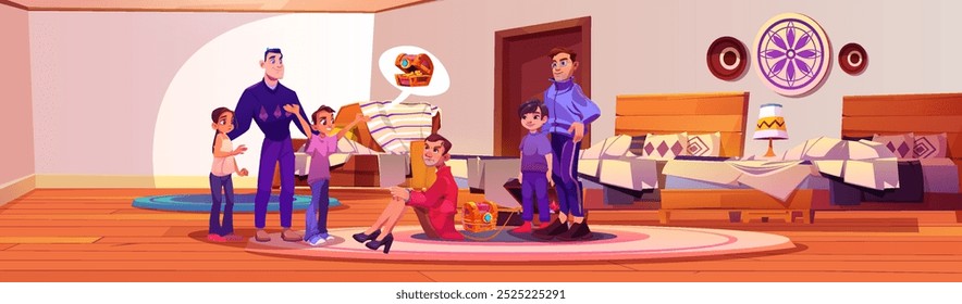 Caught red-handed male burglar dressed in women clothes with hands tied sitting on floor in hotel room with two men and teenage kids, treasure chest and suitcase with pipe. Cartoon vector illustration