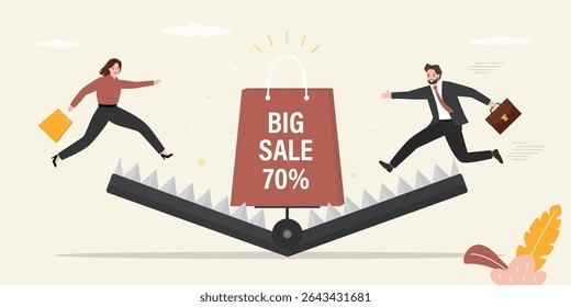Caught in shopping trap. Shopping bag in animal trap. Big sale, marketing, advertising campaign. Users catching bag. Business bait, customers want doing shopping with discount. vector illustration