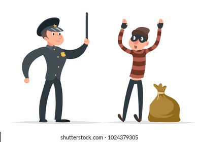 Caught thief surrender policeman loot character cartoon design vector illustration