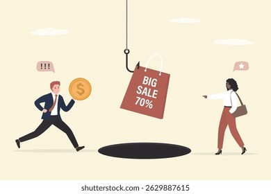 Caught in the trap of shopping. Shopping bag on fishing hook, debt pit hole. Big sale, marketing, promotion campaign. Business bait, happy customers go to shopping. flat vector illustration