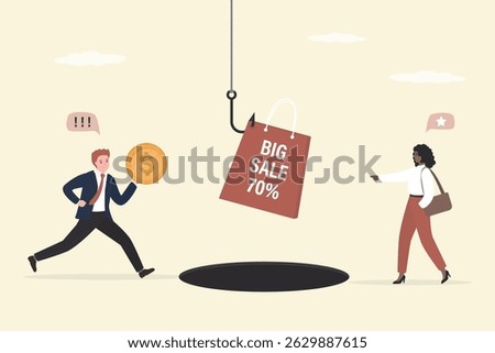 Caught in the trap of shopping. Shopping bag on fishing hook, debt pit hole. Big sale, marketing, promotion campaign. Business bait, happy customers go to shopping. flat vector illustration
