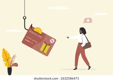 Caught in the trap of shopping. Bonus card on fishing hook. Big sale, marketing, promotion campaign. Loyalty, cash back. Business bait, happy woman customer go to shopping. flat vector illustration