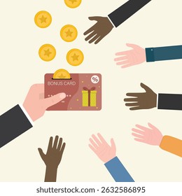 Caught in trap of shopping. Businessman give bonus card for clients. Big sale, marketing, promotion campaign. Loyalty, cash back. Business bait, various customers want shopping. vector illustration