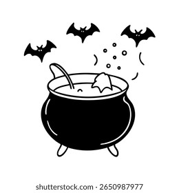 Cauldron with bats bubbles on a handdrawn Halloween spooky