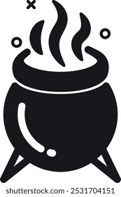 Cauldron black icon. Magic potion boiling in pot