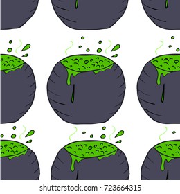 cauldron with boiling green potion , cartoon vector illustration Cartoon style Halloween with magic green potion boiling inside. Halloween, a boiling pot of potion vector illustration pattern