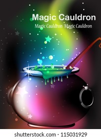 Cauldron  with a boiling magic potion on an abstract mystical background