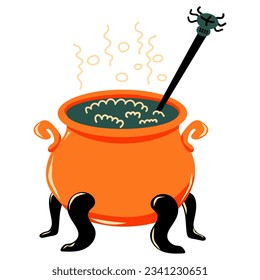 Cauldron with boiling magic potion. Spoon in the form of the spider. Witchs brew. Perfect for a card or poster for the Halloween. Vector illustration.