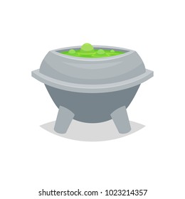 Cauldron with boiling mucus. Witch's pot with a potion. Magic attribute for the holiday, child's birthday, Halloween. Vector cartoon illustration.
