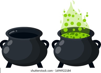 Cauldron and Boiling potion. Black pot, green steam. Set of Element of Halloween. Witch and sorcerer's item. Cartoon flat illustration